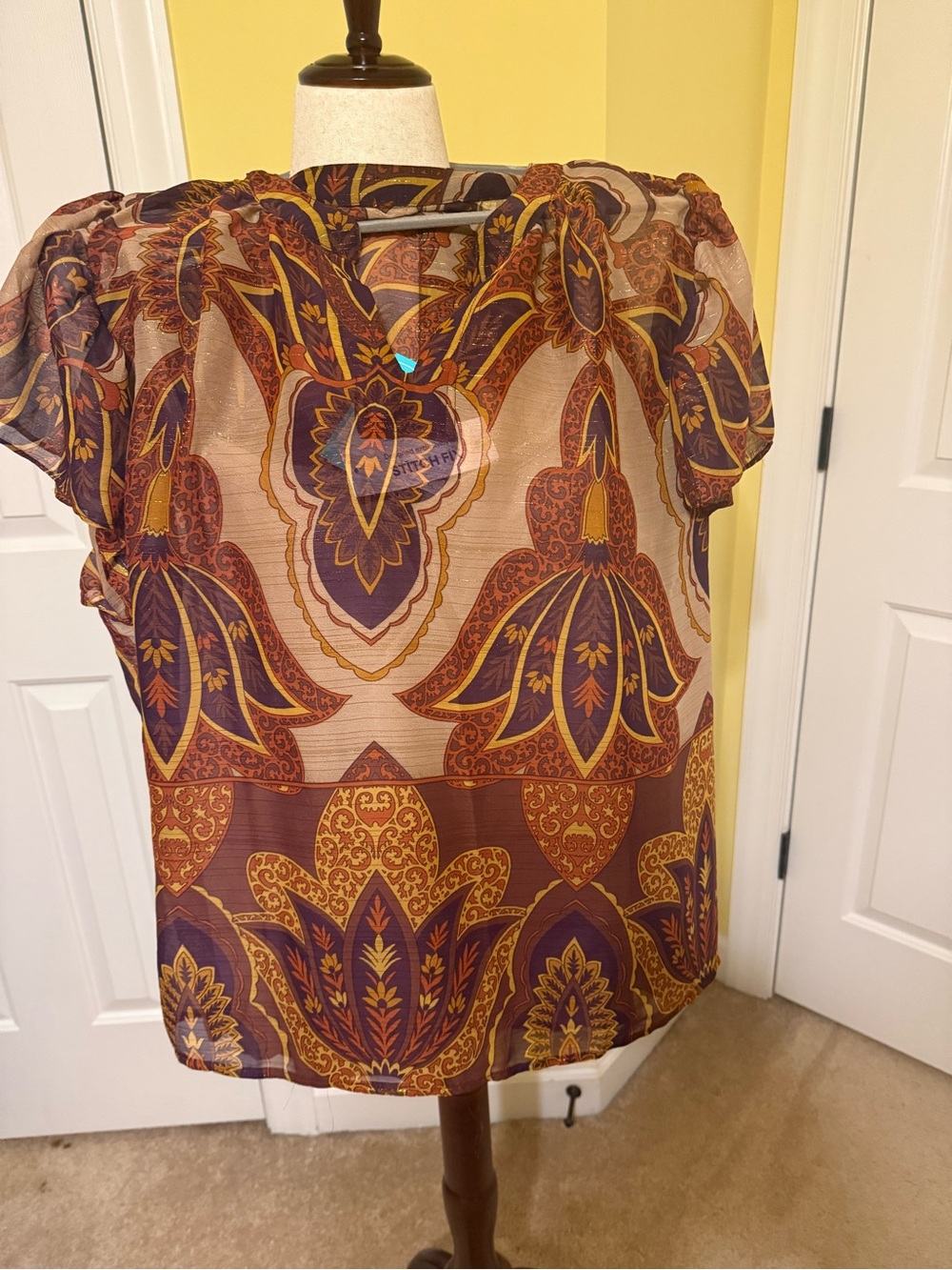nine britton Sheer Paisley Blouse in Purple & Gold